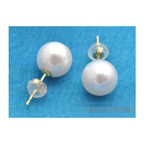 Free shipping 00419 round white FW pearl earring gold stud