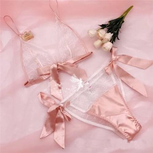 French Cute Perspective Deep V Sexy Bra LingerieSet Silk Lace Underwear Women Ultra-thin Bralette Hollow Embroidery Brassiere