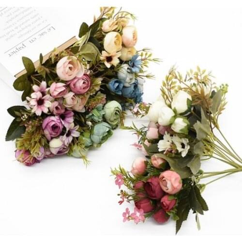 Artificial Tea Rose Silk Flowers 5 Forks and 12 Heads Bouquet DIY Decoration Beautiful Fake Flower Home Wedding Party Supplies