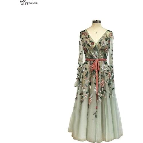 YYbride New Mint Green Colorful Crystal Beading Party Dresses Long Sleeves V Neck Beautiful Flowers Elegant Girl Prom Dresses