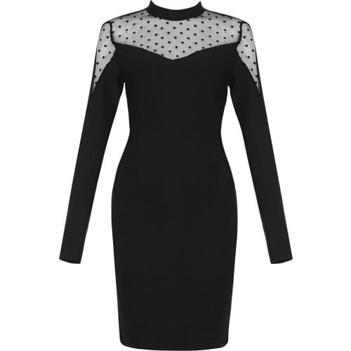 Elegant Party Women Dress Bandage O Neck Long Sleeve Black Pencil Dress Long Sleeve 2021 New Arrival Mesh Ladies Clothes