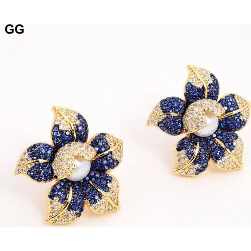 GuaiGuai Jewelry Cz Pave Pearl Earrings White Pearl Yellow Gold Color Plated Blue Cz Flower Earrings For Women Gift