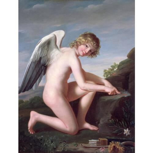 100%Handmade Dream-art Oil painting Cupid making bow and arrow - naked young boy in view 36"