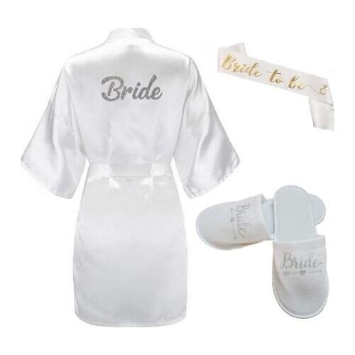 3pc set of bride satin robe slippers bridal sash peignoir women Bridal Party sparkle glitter sliver dressing gown