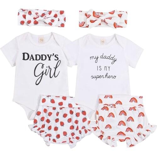 Infant Baby Girls Clothes Set, Letter Print Short Sleeve Romper+Strawberry/Rainbow Print Shorts+Headband