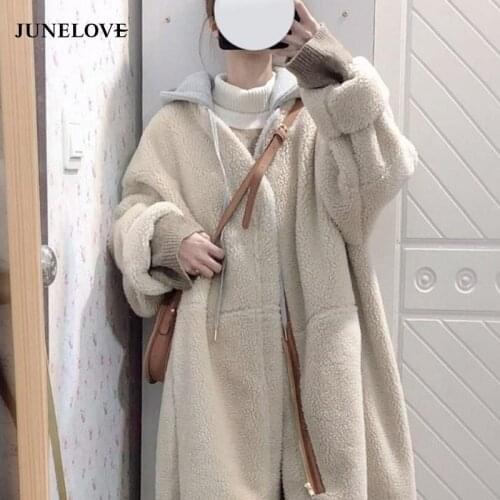 JuneLove Faux Lamb Wool Cotton-Padded Jacket Women 2021 New Winter Chic Long Jacket Thickened Korean Style Baggy Coat Outwears
