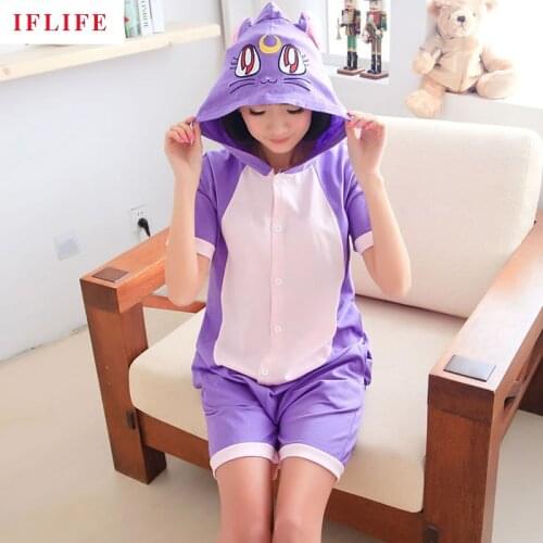 Moon Cat Summer Short Pajama Set Women Men Adult Animal Pijama Cotton Onesie Sleepwear Hoodie Halloween Holiday Party Costume