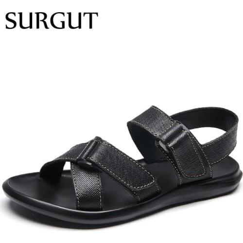 SURGUT Summer Men Sandals Gladiator Beach Casual Shoes Personality Outdoor Flat Shoes Men Slippers Black Genuine Leather Sandals