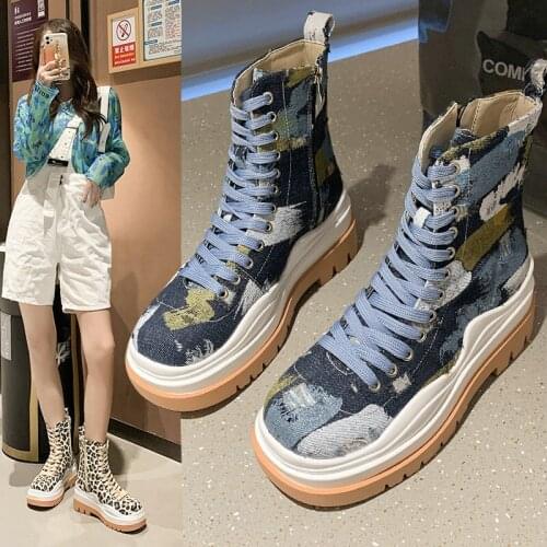 2021 Fashion New High-top Canvas Shoes Female Graffiti Thick-soled Lace-up Casual Korean Ins Trendy Single Shoes