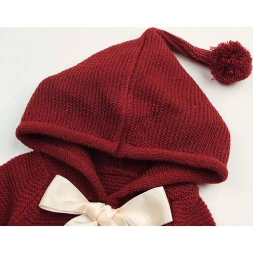 New Years Red Warm Knit Sweater Bow Coat Hooded Cloak For Baby Girls 3M-24M Kids Girls Knitted Jackets Long Sleeve Clothing