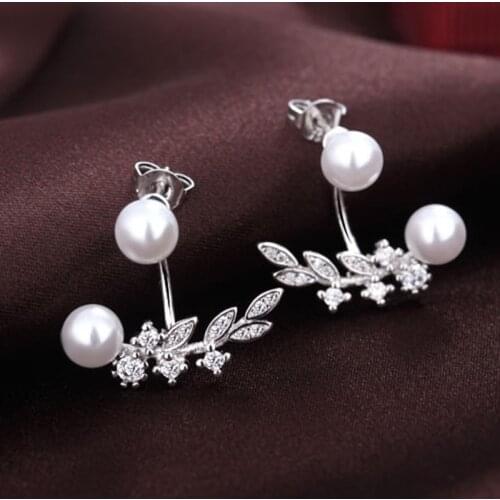 Charming Anniversary Jewelry Good Lovely Girl Trendy 925 Sterling Silver Leaf Shape Pearl Dangle Earrings For Women