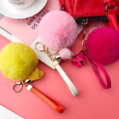Fluffy Multicolor Pompom Faux Rabbit Fur Ball Keychains Leather Flower Key Rings for Women Bag Charm Trinket Jewelry Wholesale