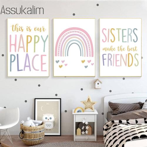 Nursery Canvas Poster Rainbow Posters Sisters Painting Friend Wall Art Print Nordic Wall Pictures For Baby Girls Room Decoration