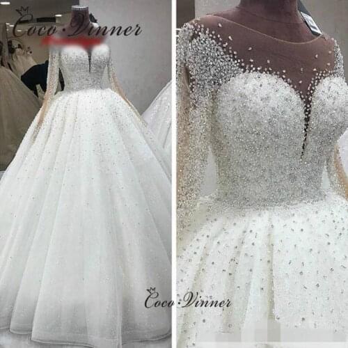 O neck Full Sleeves Luxury Crystal Wedding Dress 2021 New Design Sheer Neck Plus Size Custom Made Princess Wedding Gown W0891