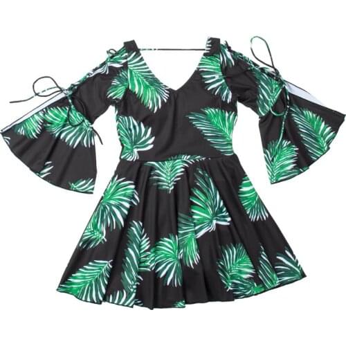One Pieces Swimsuits Women Leaf print Swimwear Female V Neck Bathing Suits Girl Ruffle Beach Cover Up
