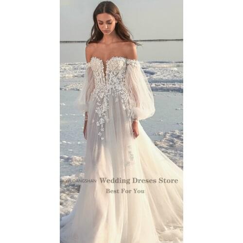 Wedding Dress A Line Tulle Long Puff Sleeves Floral Applique 2021 Bridal Dress Beach Off Shoulder Sexy Wedding Gowns