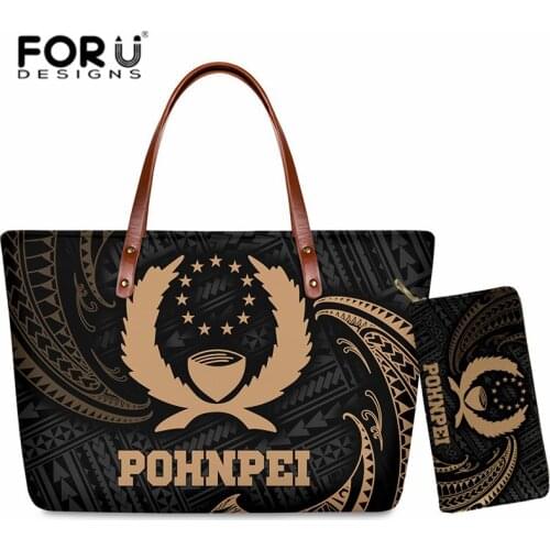 Vintage Womens Handbag and Purse 2 Pcs Pohnpei Polynesian Design Female Clutch Tote Bag Casual Soft Large Bag Purse Set Bolsa