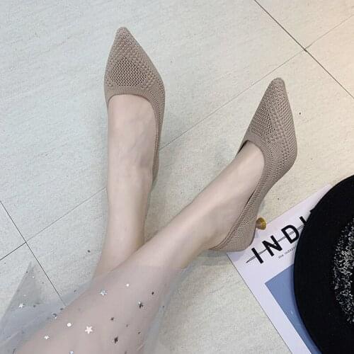 Knitting Stretch Boat Shoes 2020 New Mid Heels Dress Shoes For Women Hollow Out Pumps Pointed Toe Thin Heel Ladies Shoes 8482G