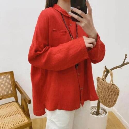 Johnature Spring 2021 Vintage Linen Womens Tops And Blouess New Solid Color Loose Casual All Match Shirts 3 Colors