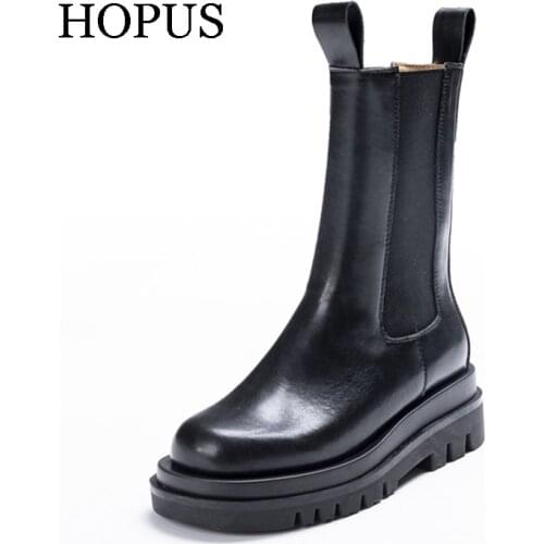 Botas Femininas 2021 Autumn Winther Ankle Boots Genuine Leather Chelsea Solid Color Black Leather Boots Winter Warm Plush Boots