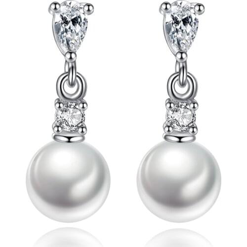 100% 925 Sterling Silver Fashion Shiny Crystal Pearl Long Stud Earrings for Women Jewelry Birthday Gift Wholesale