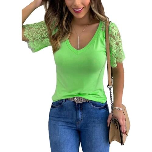 Woman tshirts 2021 Summer Lace T Shirt Slit Sleeve Women Sexy Summer V Neck Lace Patchwork Short Sleeve Slim T-shirt Loose Top