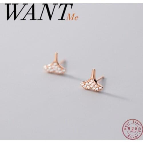 WANTME Luxury CZ Mini Rose Gold Fish Tail Stud Earrings for Women Real 925 Sterling Silver Chic Princess Wedding Jewelry Gift