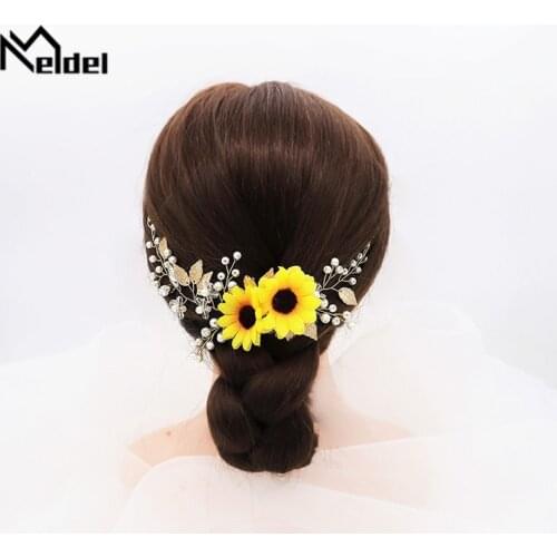 Meldel Wedding jewelry woman hair band yellow flowers bride jewelry handmade rhinestones beautiful girl sun flower headdress