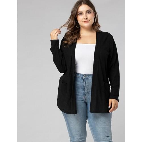 DOIB Black cardigans Women Plus Size Knitted Large Size Open Stitch 2020 Autumn Loose Casual V Neck Sweater 4XL