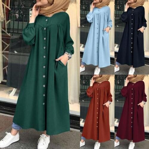 Women Solid Color Shirt Dress Autumn Winter Long Puff Sleeve Buttons Pockets Large Hem Loose Maxi Shirt Dress Robe Casual Dress