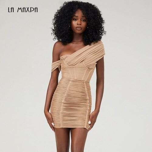 Ladies fashion summer one-shoulder oblique neck gauze tight pleated dress sexy mini celebrity club party dress Vestidos 2021