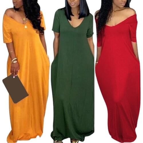 Hot Sales Casual Women Summer Oversize Solid Color Off Shoulder Short Sleeve Maxi Dress