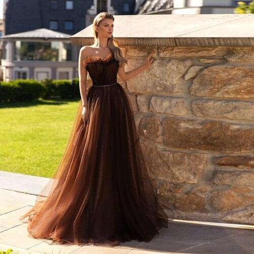 Dubai Brown Sweetheart Evening Dress Design 2021 A-Line Glitter Floor Length Formal Party Gown with Sash