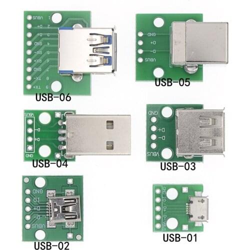 10PCS USB Male Connector / MINI MICRO USB to DIP Adapter 2.54mm 5pin Female Connector B Type USB2.0 Female PCB Converter USB-01