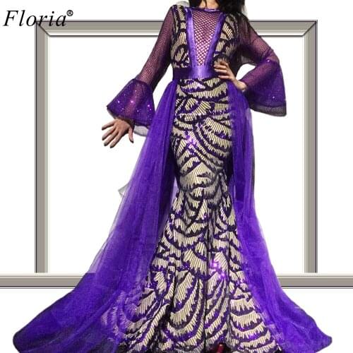 2020 Muslim Purple Sequins Evening Dress Long Special Dubai Evening Gowns Mermaid Formal Women Dress Party Robe De Soiree