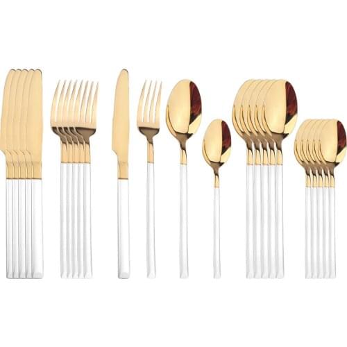 24Pcs White Gold Dinnerware Set 18/10 Stainless Steel Cutlery Set Kitchen Tableware Set Knife Fork Spoon Dinner Silverware Set