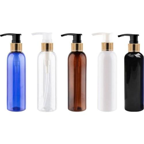 50pcs 150ml Mini black Bottles gold collar Pump Dispenser with round Shoulder Heathy PET Cream,Shampoo Shower Gel Container