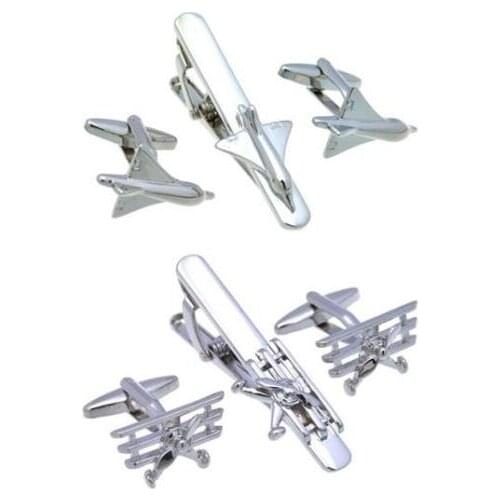 5sets/lot Creative Glider Plane Cufflinks Tie Clip Set Silver Fighter Aeroplane Cuff Links Tie Pin Bar Set Men Jewelry Wholesale