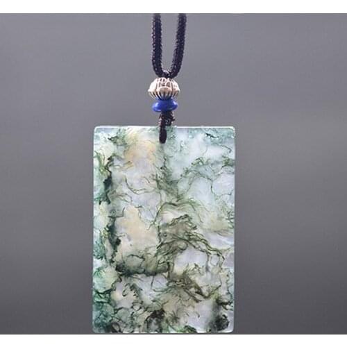 QIANXU Chalcedony Necklace Pendant Aquatic Weed in Stone Hand Carved Fine Jewelry 925 Sliver Lotus