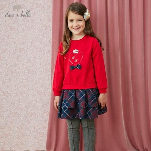 DKS14977 dave bella autumn girls fashion bow plaid print patchwork draped dress children sweet dress kids infant lolita clothes