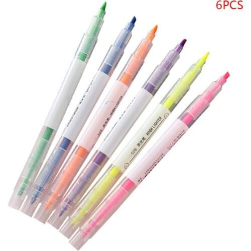 6 Colors Double Headed Highlighter Pens Fluorescent Marker Art Drawing Stationery School Supply