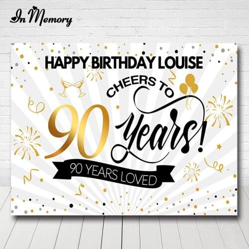 InMemory Cheers to 90 years Backdrops Black White Gold Adult Birthday Party Photography Backgrounds Custom Photocall