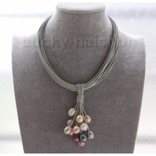 Hot sale new Style >>>>>16" 14mm white gray black pink pearls gray leather necklace magnet clasp j9569