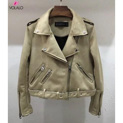 Womens 2019 Spring Autumn Long Sleeved Short Couture Suede Leather Lady Jacket Coat Casual Zip Button Outwear With Waist Strap