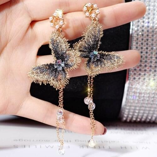Fashion Women Temperament Long Earrings Gifts Elegant Butterfly Tassel Earrings Silver Needle Fine Chain Crystal Dangler Trendy
