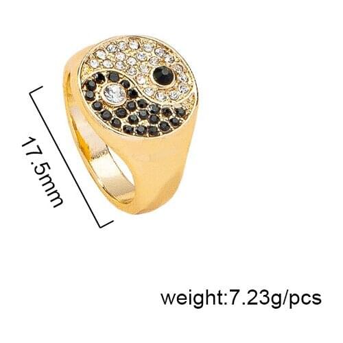Ins Trendy Gold Chinese Yin Yang Black Rhinestone Eight Diagrams Irregular Finger Rings Korean Fashion Women Party Jewelry