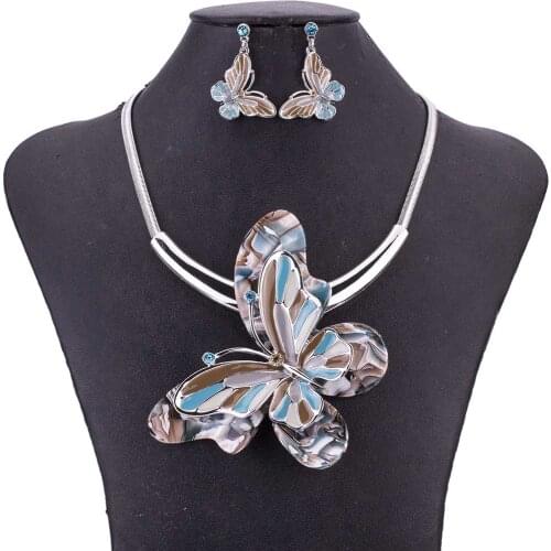 MS1505010 Fashion Jewelry Sets Lead&Nickle Free High Quality Womans Necklace Earring Set Blue Butterfly Pendant Necklace