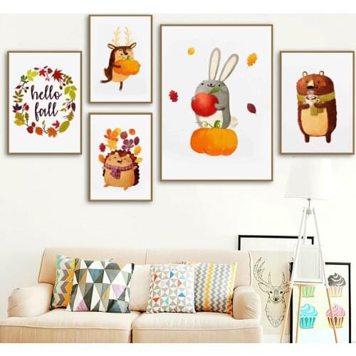 Deer Hedgehog Rabbit Bear Leaf Apple Pumpkin Wall Art Canvas Painting Nordic Posters And Prints Wall Pictures Kids Room Decor