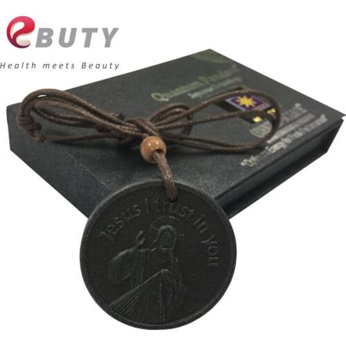 EBUTY Jesus Pendant Lava Ions Negative Energy Jewelry Charms Black Round Volcanic Health Pendants Best Gift