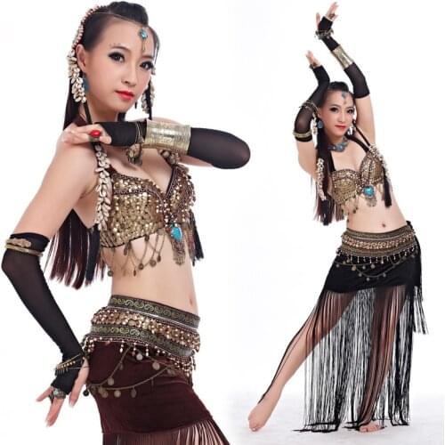 Size S-XL Belly Dancing Clothes Tribal 2pcs Set Coins Bra, Tassel Hip Scarf Tribal Belly Dance Costume Set Performance